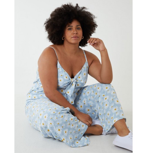 Curve Daisy Print Tie Front Jumpsuit