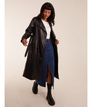 Faux Leather Belted Trench Coat